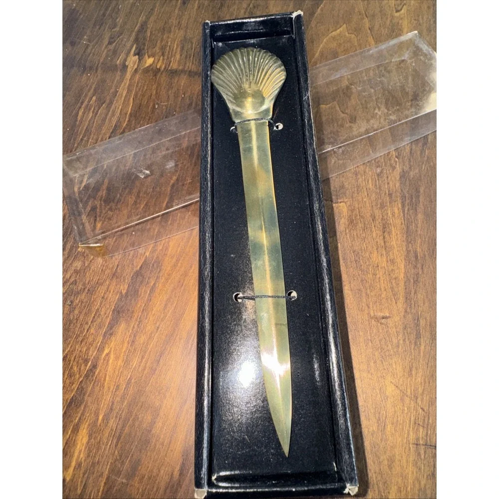 Vintage Brass Clam Shell Letter Opener Hand Engraved MCM Decor Collectible 7 3/4